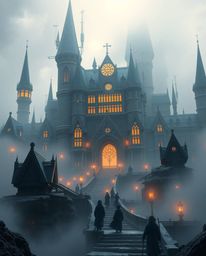 Explore a magical school shrouded in thick fog, a haven for young wizards amidst futuristic sci-fi architecture and advanced 