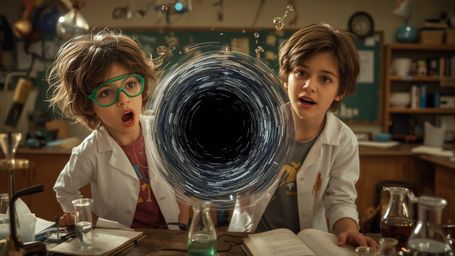 A highly detailed, cinematic photograph, reminiscent of Pixar's vibrant style, captures a dynamic duo of science fair student