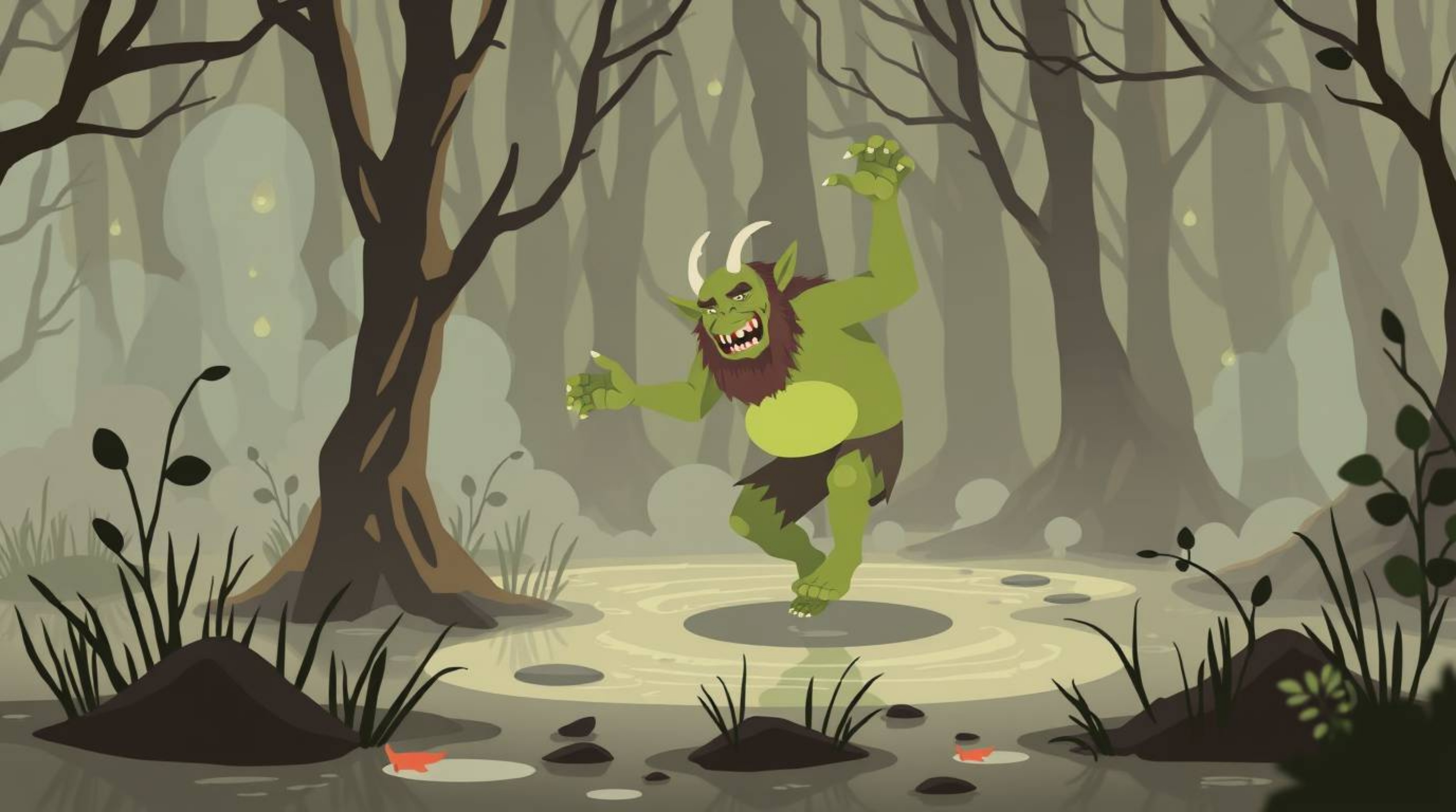 A captivating modern flat design illustration depicts an ogre joyfully dancing in a mystical swamp.  The artwork features gen