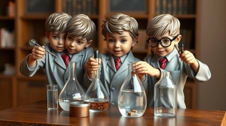 This digital rendering depicts a group of quirky children in their school uniforms, enthusiastically conducting science exper