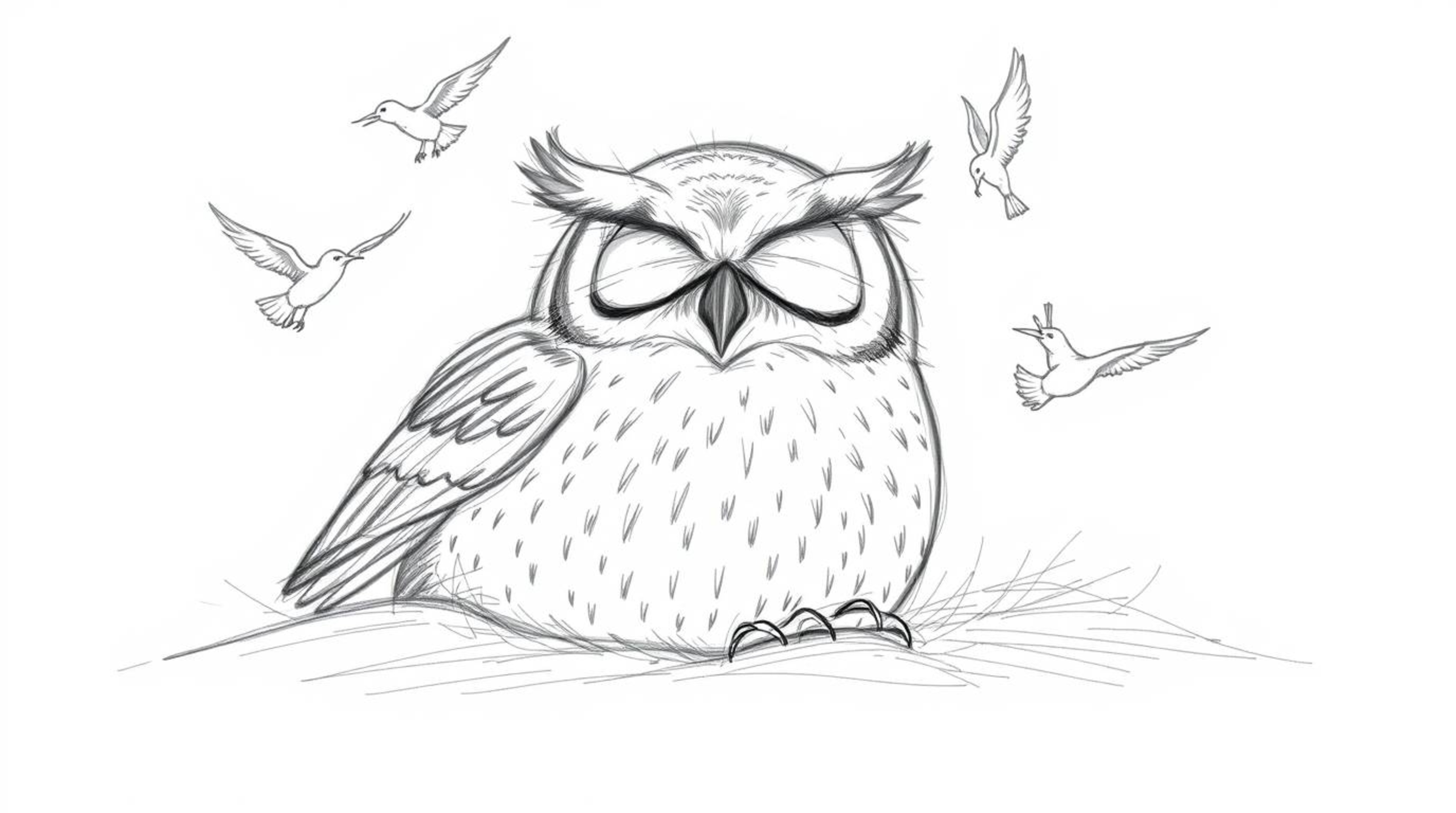 A whimsical sketch of a blind owl, rendered in a charming Pixar style, depicts the creature resting contentedly amidst a flur