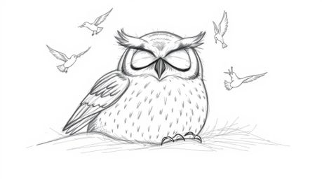 A whimsical sketch of a blind owl, rendered in a charming Pixar style, depicts the creature resting contentedly amidst a flur