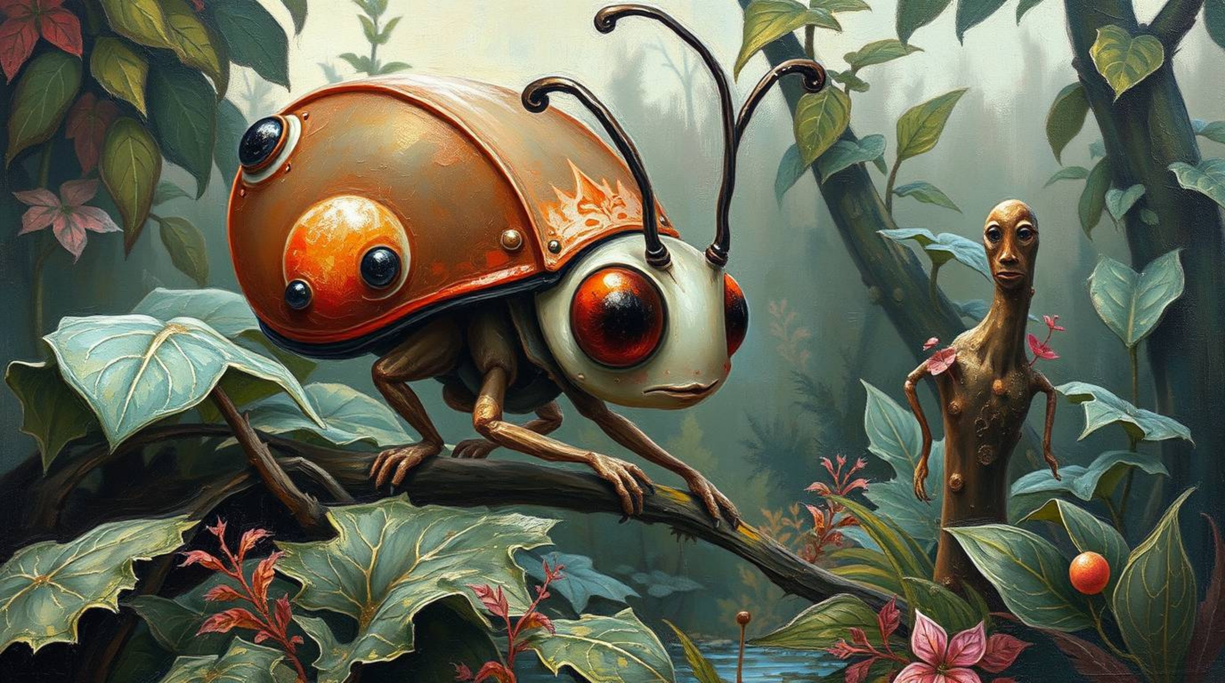 Discover a captivating surreal oil painting depicting an adorable bug-sized hero embarking on an adventure through a vibrant 