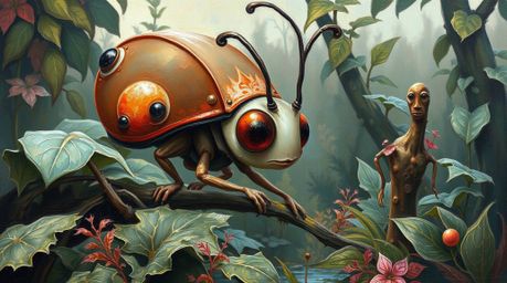 Discover a captivating surreal oil painting depicting an adorable bug-sized hero embarking on an adventure through a vibrant 
