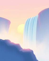 A pastel artwork of a gentle, soothing scene, depicting a sun setting behind a dramatic waterfall in soft pastel colors. The 