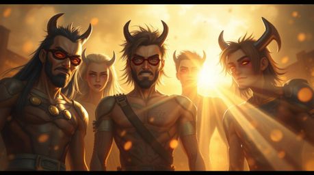 A captivating painting showcases a team of unlikely heroes, bathed in a warm, golden light. The soft, dreamy atmosphere, hazy