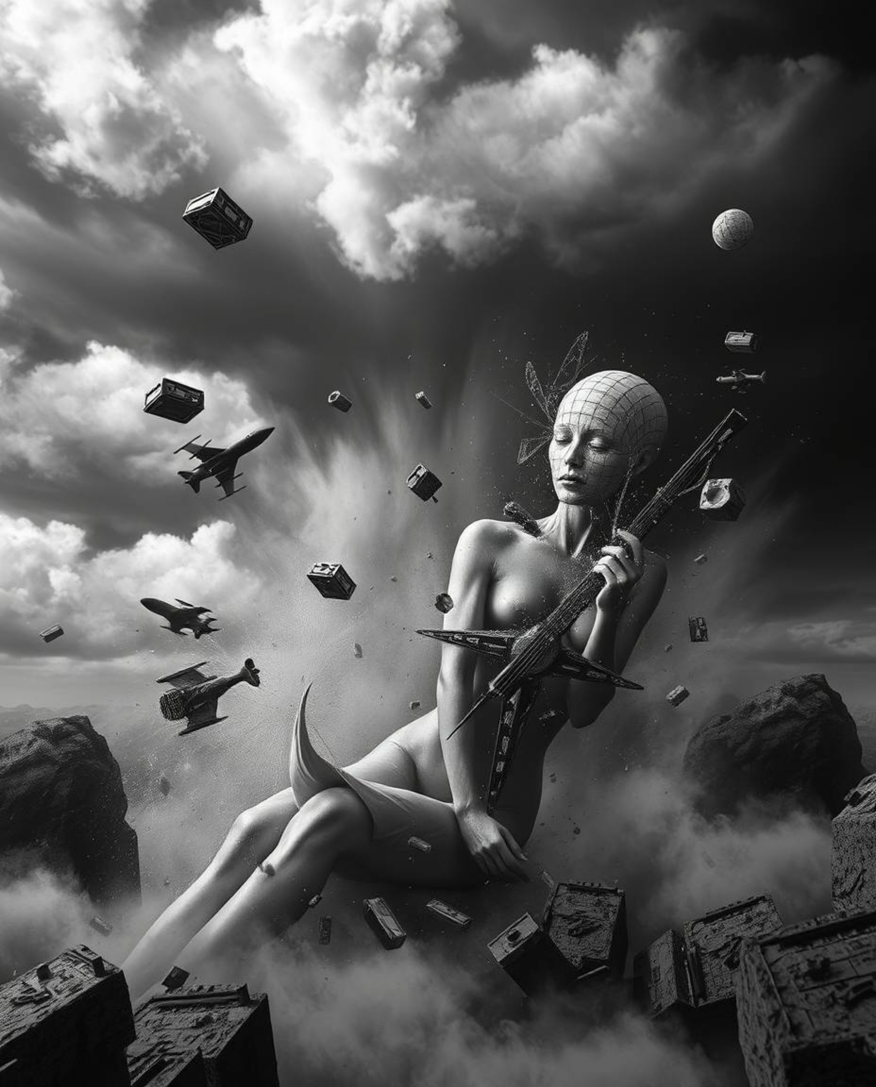 Experience the timeless allure of a black and white surreal storm, featuring a captivating blend of flying objects and broken