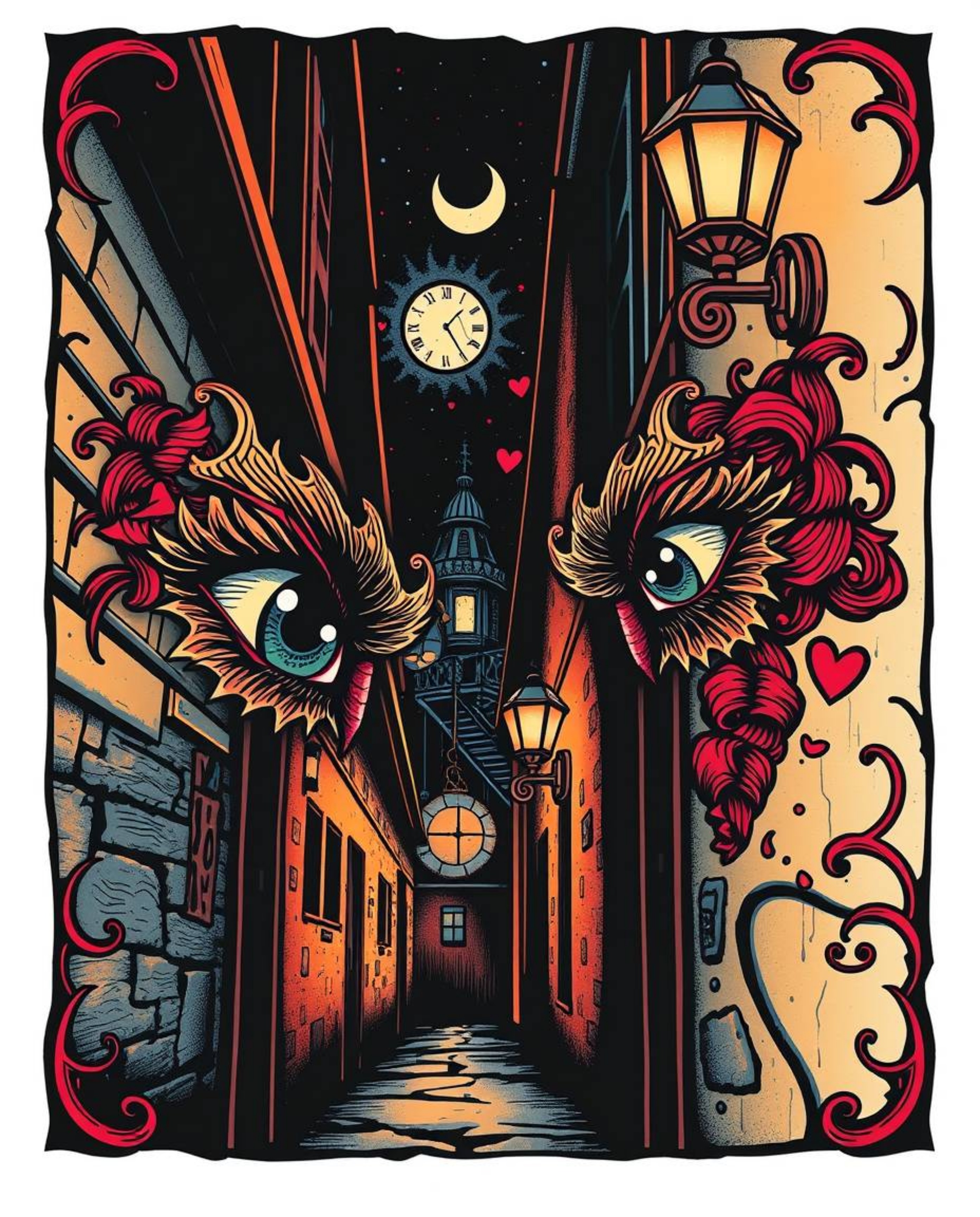 This vibrant art print features eyes watching from a shadowy alley at night in a traditional tattoo style. The design incorpo