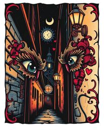 This vibrant art print features eyes watching from a shadowy alley at night in a traditional tattoo style. The design incorpo