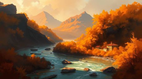 A dynamic digital sketch capturing the beauty of a river delta bathed in warm autumn colors. Loose painterly strokes, earthy 