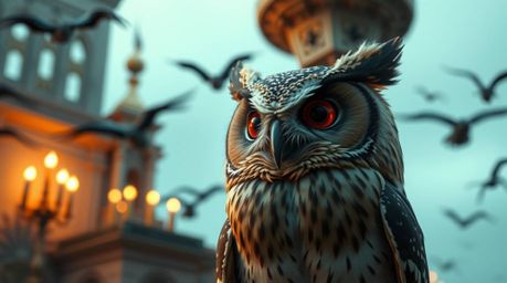 Explore a stunning architectural color photograph depicting a blind owl, rendered in the iconic Pixar style, imparting the ar