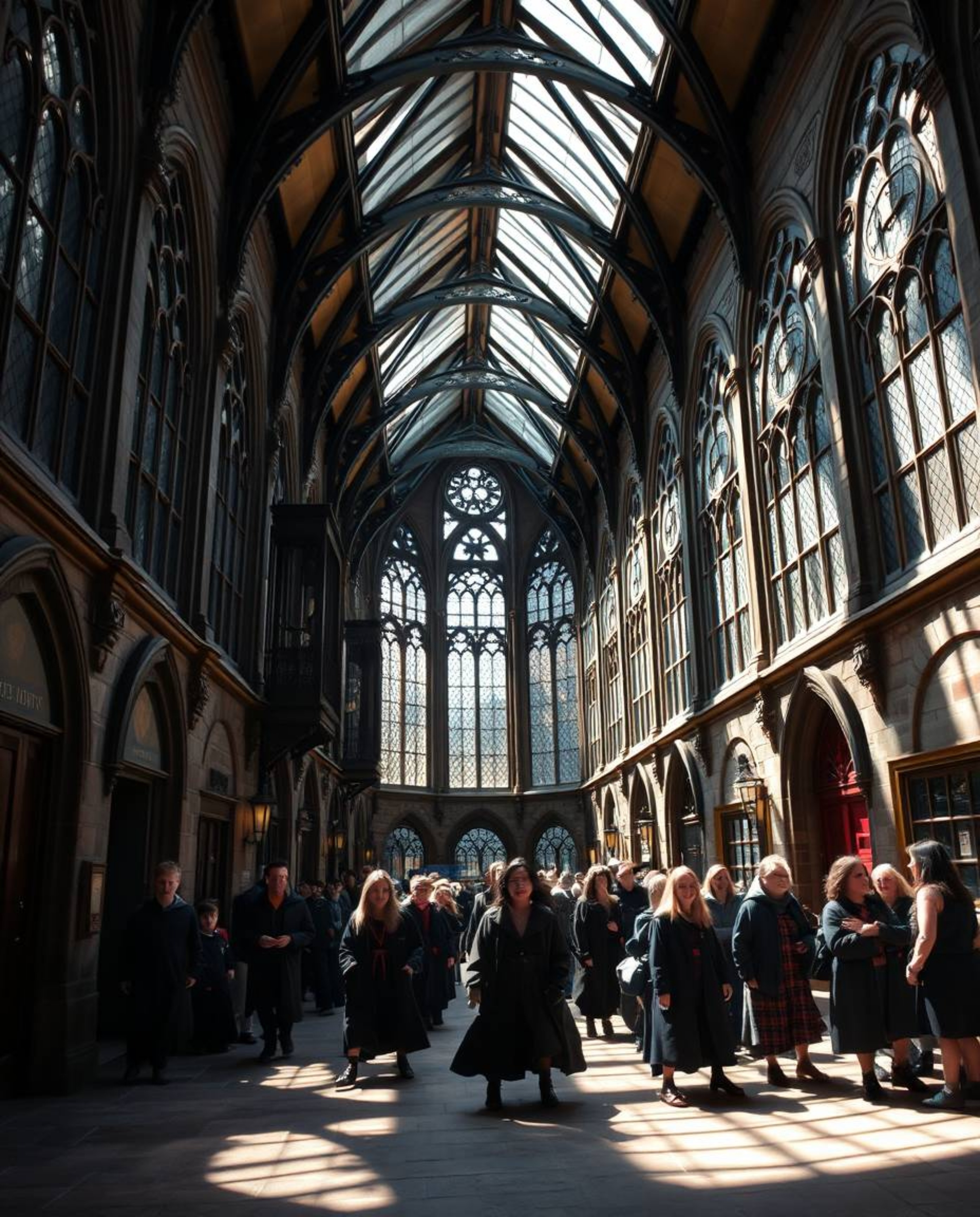 A stunning architectural photograph capturing the essence of a magical school brimming with young wizards. The image showcase