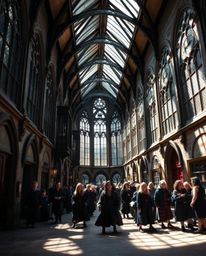 A stunning architectural photograph capturing the essence of a magical school brimming with young wizards. The image showcase