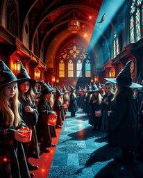 Explore a captivating magical school brimming with young wizards, brought to life in a unique split creative light art style.