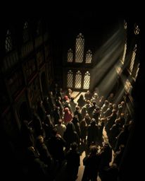 Discover a captivating high-angle view of a magical school brimming with young wizards.  Rendered in striking chiaroscuro lig