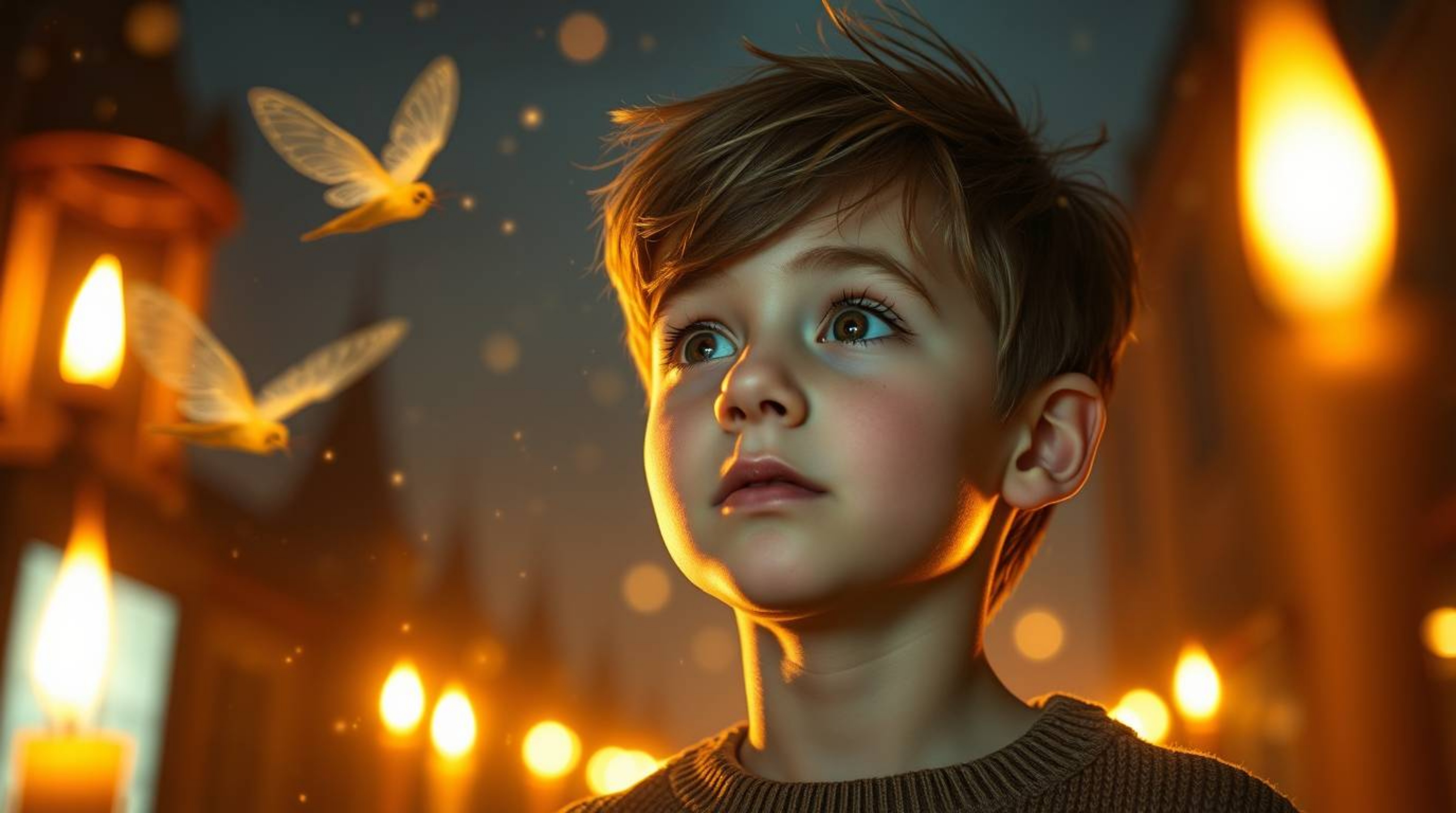 A young boy, his face aglow, soars above the city of London, propelled by pixie dust.  The scene is bathed in the warm, flick