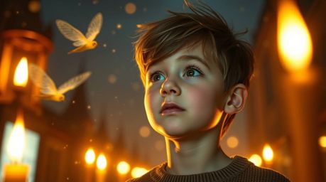 A young boy, his face aglow, soars above the city of London, propelled by pixie dust.  The scene is bathed in the warm, flick
