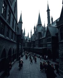 A captivating black and white architectural photograph depicts a magical school brimming with young wizards. The intense jet 