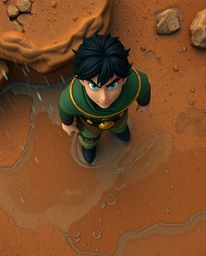 Experience a captivating overhead shot of a brave Disney-style hero embarking on a thrilling desert adventure. Witness the de
