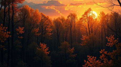 Immerse yourself in a cinematic autumn forest scene, where golden leaves are bathed in the dramatic light of a setting sun. T