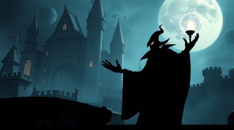 A captivating image of a classic Disney villain, silhouetted against the backlighting of a futuristic, space-themed castle.