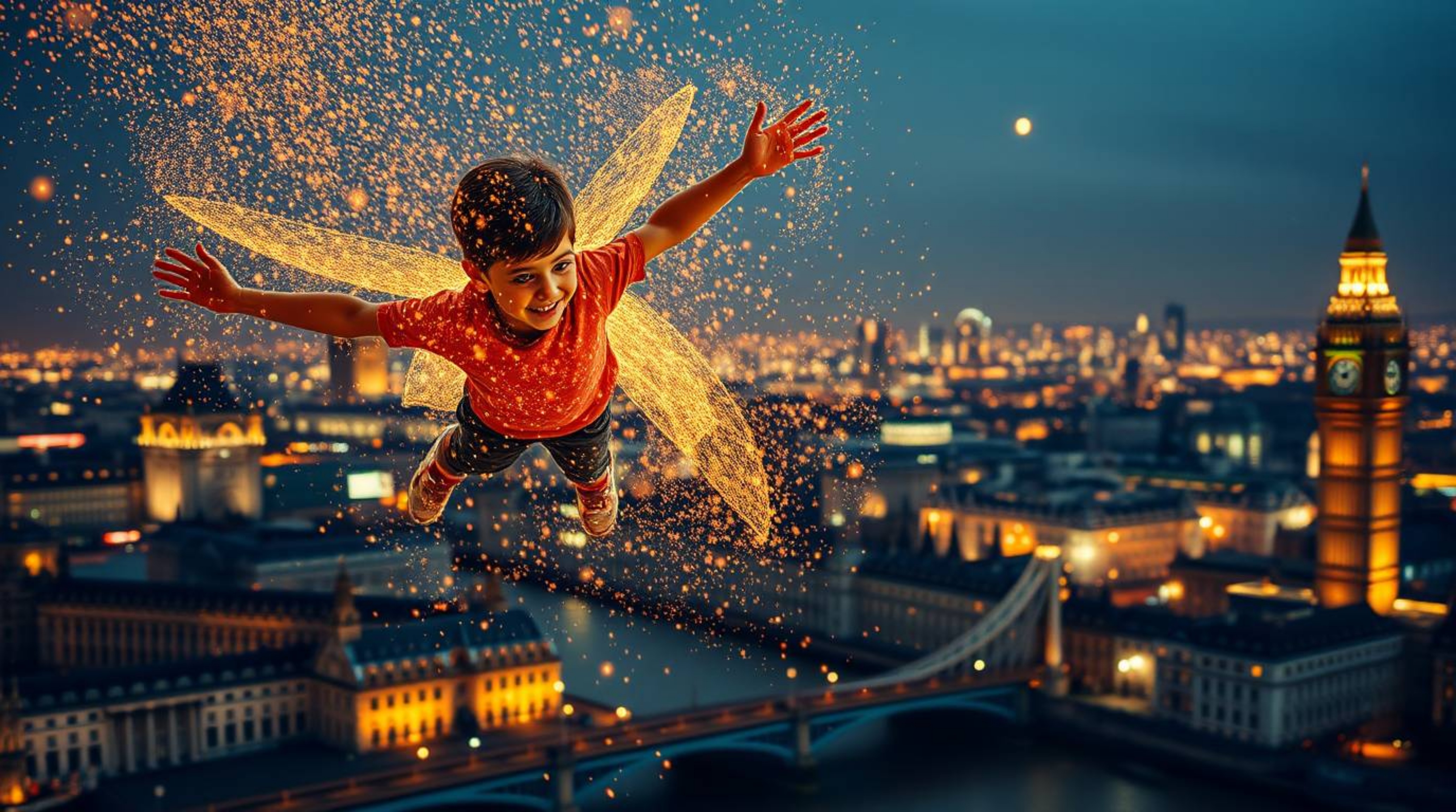 A captivating high-resolution stock photo depicts a young boy in a dynamic pose, seemingly flying above London with the aid o