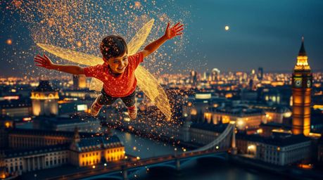 A captivating high-resolution stock photo depicts a young boy in a dynamic pose, seemingly flying above London with the aid o