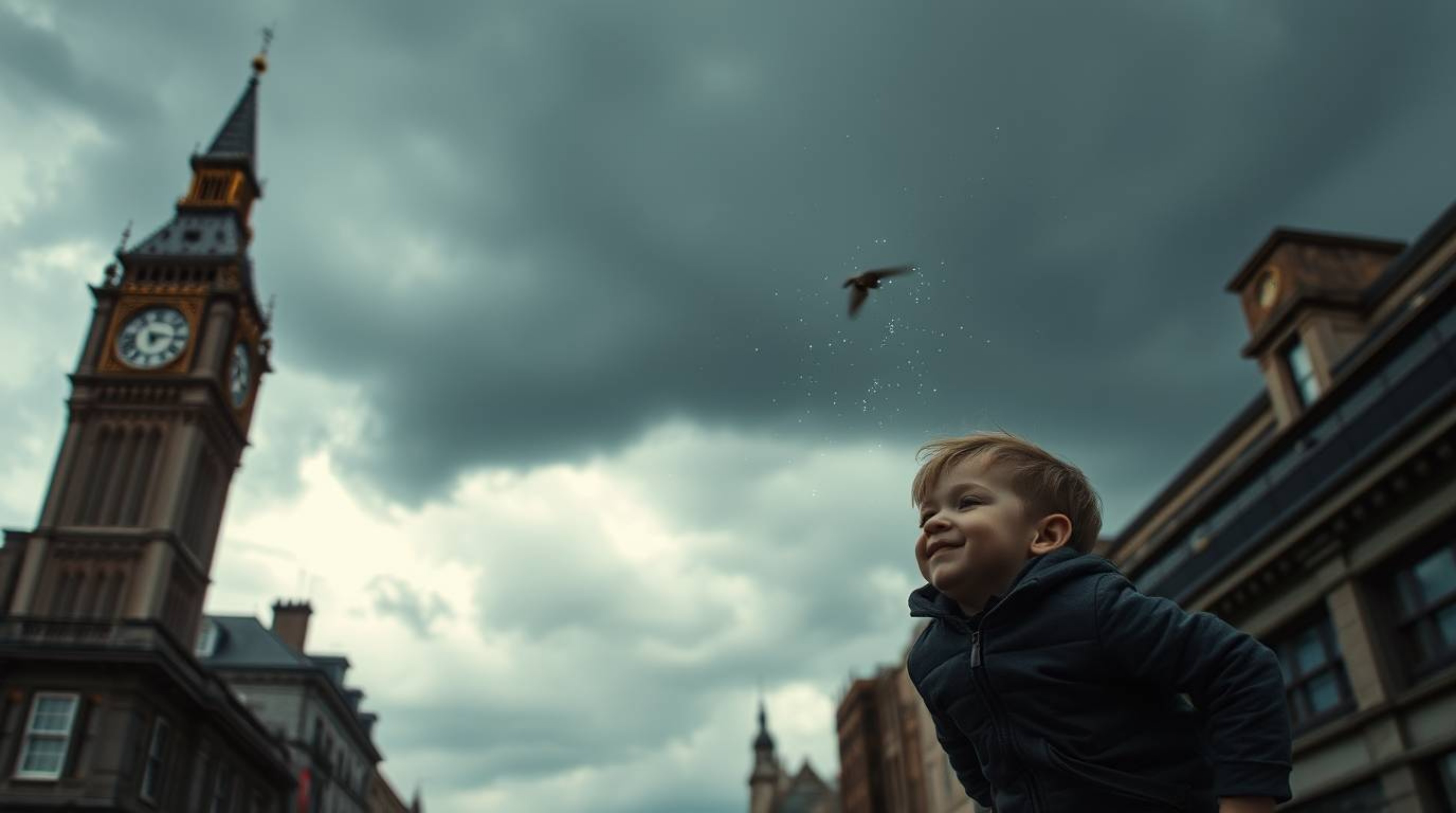 A captivating candid street photograph captures a young boy with fair skin seemingly suspended above London, powered by pixie