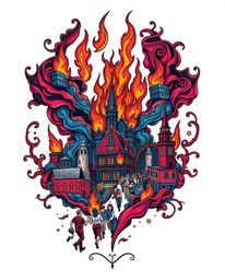 This symbolic traditional tattoo art print captures a dramatic scene of a city consumed by flames, with people running for th