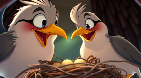An extreme close-up showcases two meticulously detailed cartoon birds constructing a nest. Rendered in a classic animation s