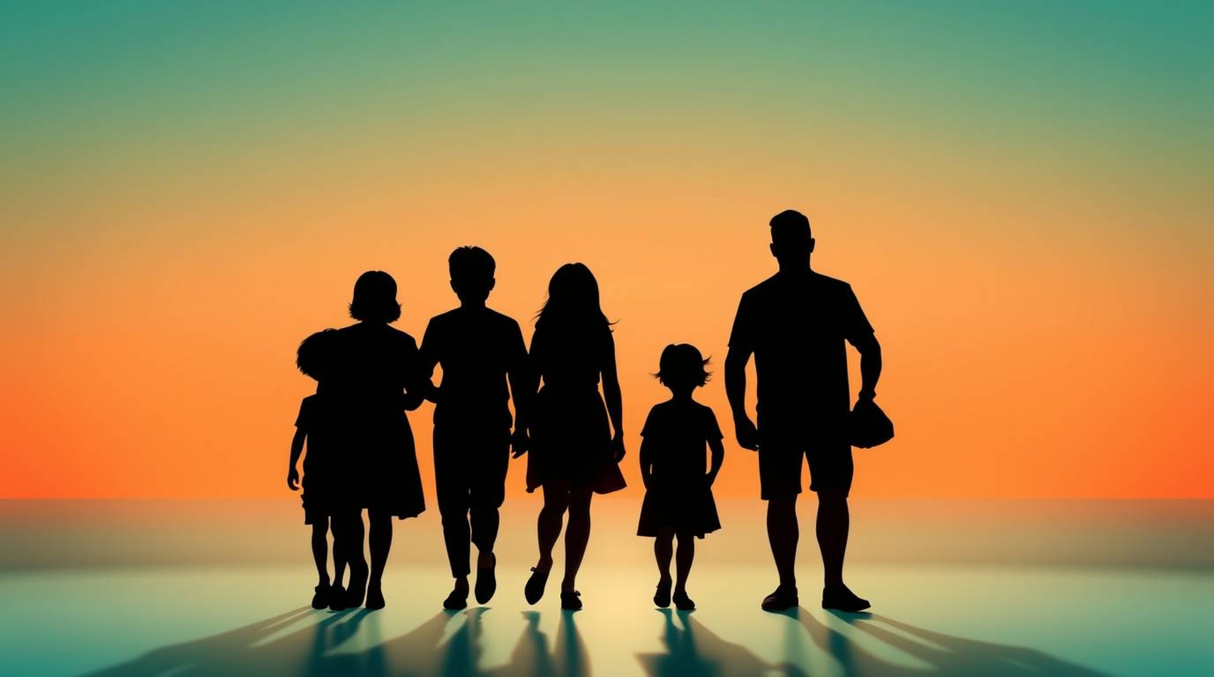 A heartwarming Pixar-style family reunion is captured in a long-exposure photograph, silhouetted against a stunning warm terr