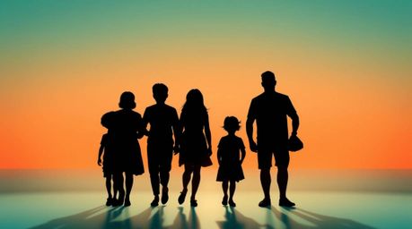 A heartwarming Pixar-style family reunion is captured in a long-exposure photograph, silhouetted against a stunning warm terr