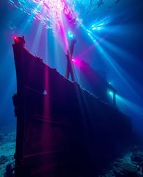 Explore a captivating deep underwater shipwreck scene brought to life with volumetric lighting and bright, vibrant colors.  L