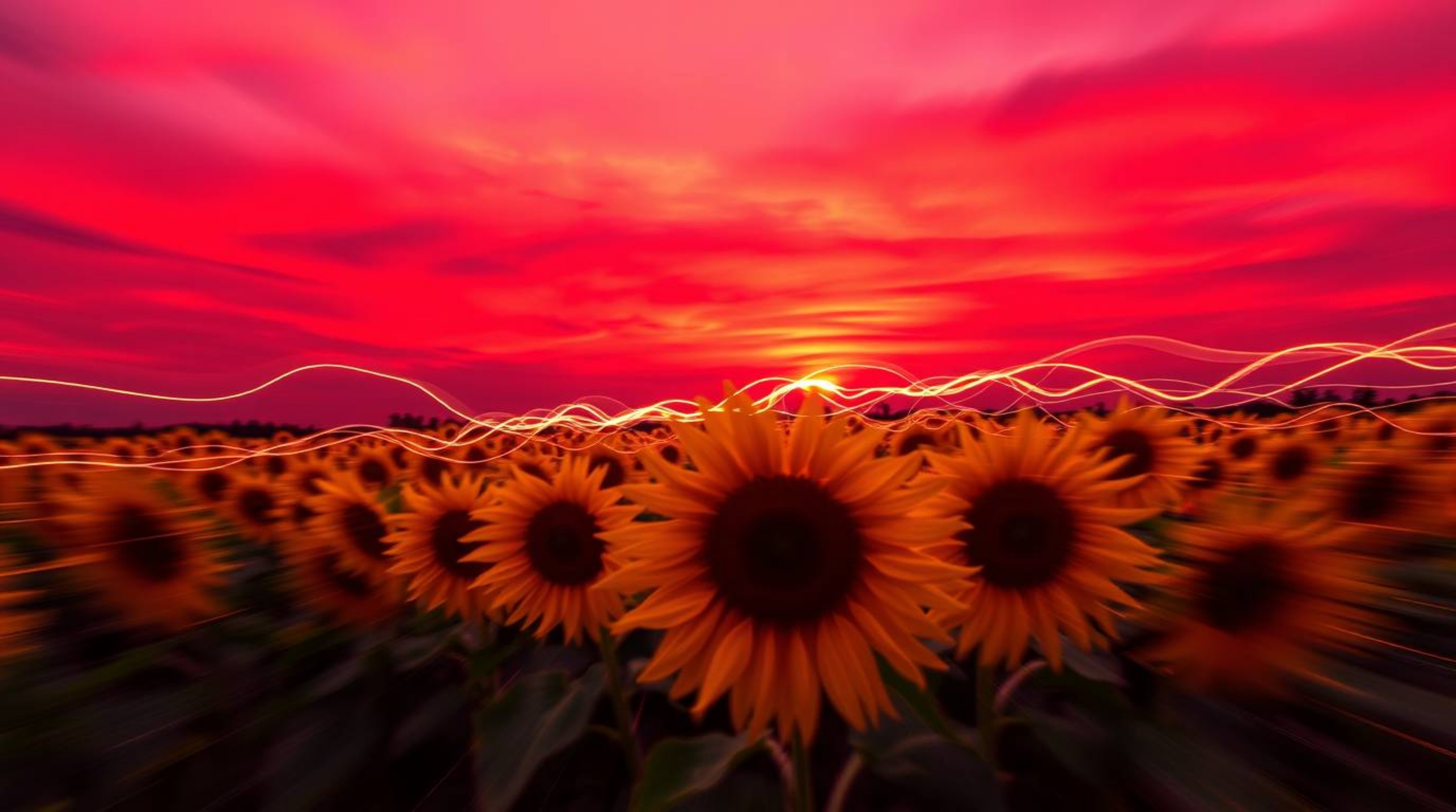 A dynamic and visually striking light art piece captures a sunflower field bathed under an otherworldly deep red and purple s