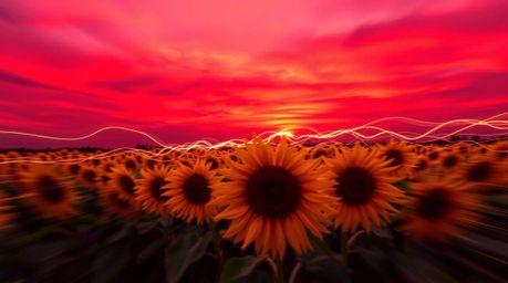 A dynamic and visually striking light art piece captures a sunflower field bathed under an otherworldly deep red and purple s