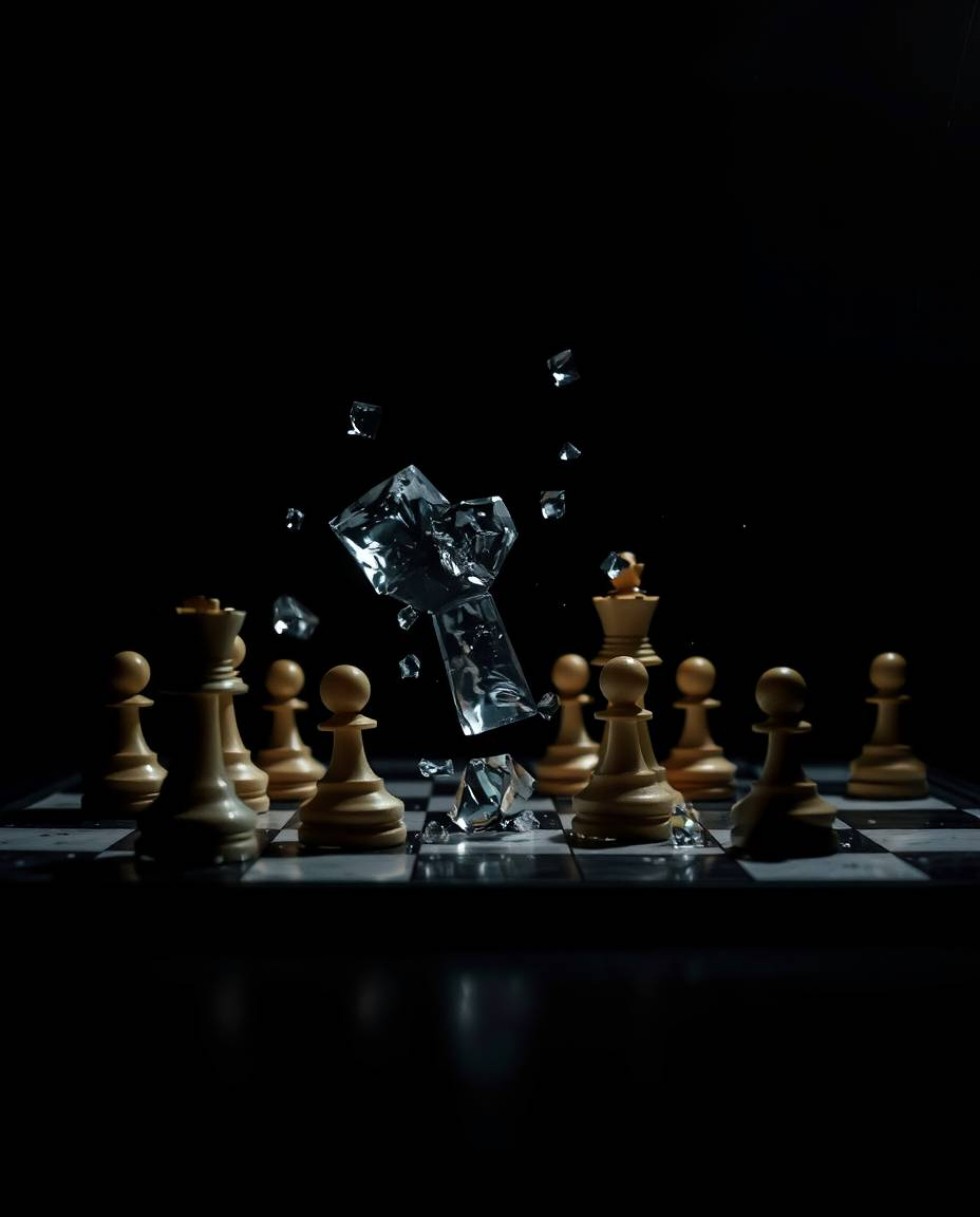 A captivating high-contrast, low-key image showcases a chessboard with pieces frozen mid-air in a moment of chaotic destructi