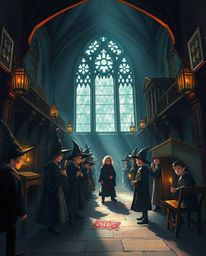 Explore a cinematic illustration of a magical school brimming with young wizards, masterfully rendered with chiaroscuro light