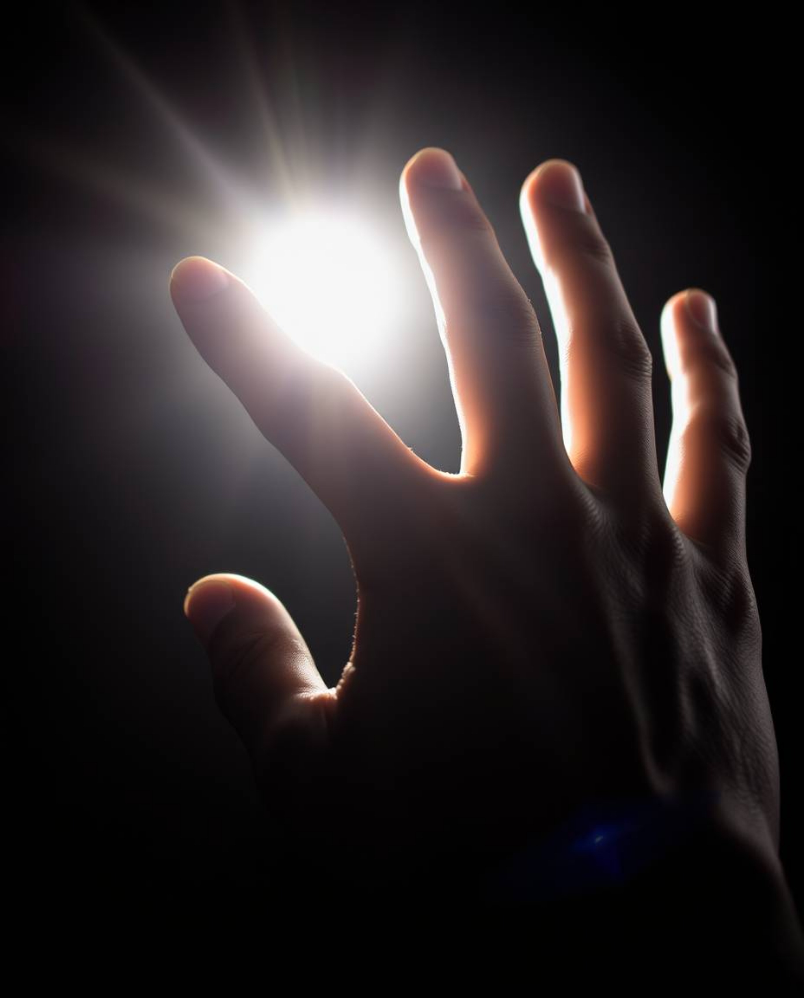 This dramatic, high-contrast image depicts an elegant hand reaching from darkness toward light.  The refined features of the 