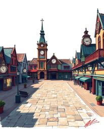 Explore a digitally painted tattoo art print depicting an empty town square filled with ticking clocks. This artwork features