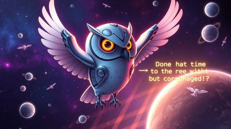 A stunning futuristic sci-fi illustration in Pixar style depicts a blind owl with captivating glowing eyes, accompanied by ad