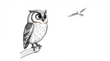 A heartwarming hand-drawn sketch reminiscent of Pixar animation showcases a blind owl with delicately textured pencil strokes