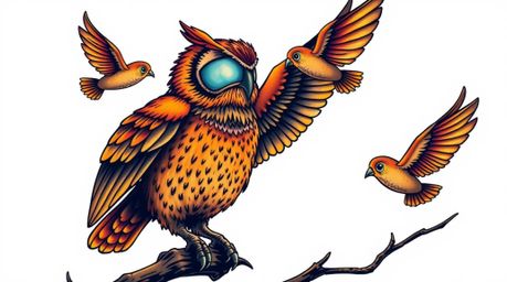 This art print features a unique and heartwarming scene: a blind owl, rendered in a charming Pixar style, passionately teachi
