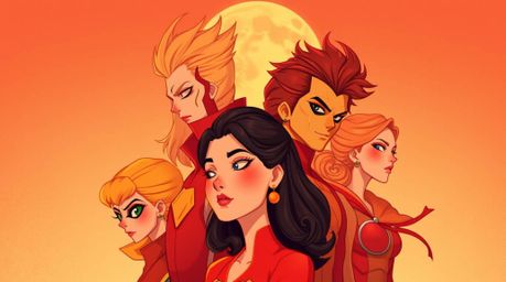 A captivating illustration showcases a team of misfit heroes, elegantly rendered in a warm color palette of reds, oranges, an