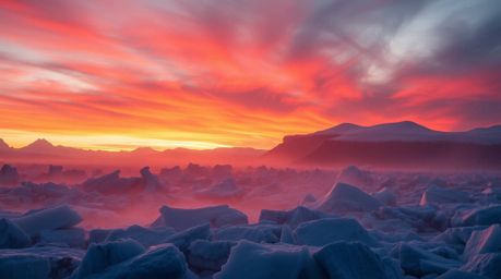 Witness a breathtaking polar sunset over icy glaciers, bathed in volumetric lighting that highlights the striking contrast of