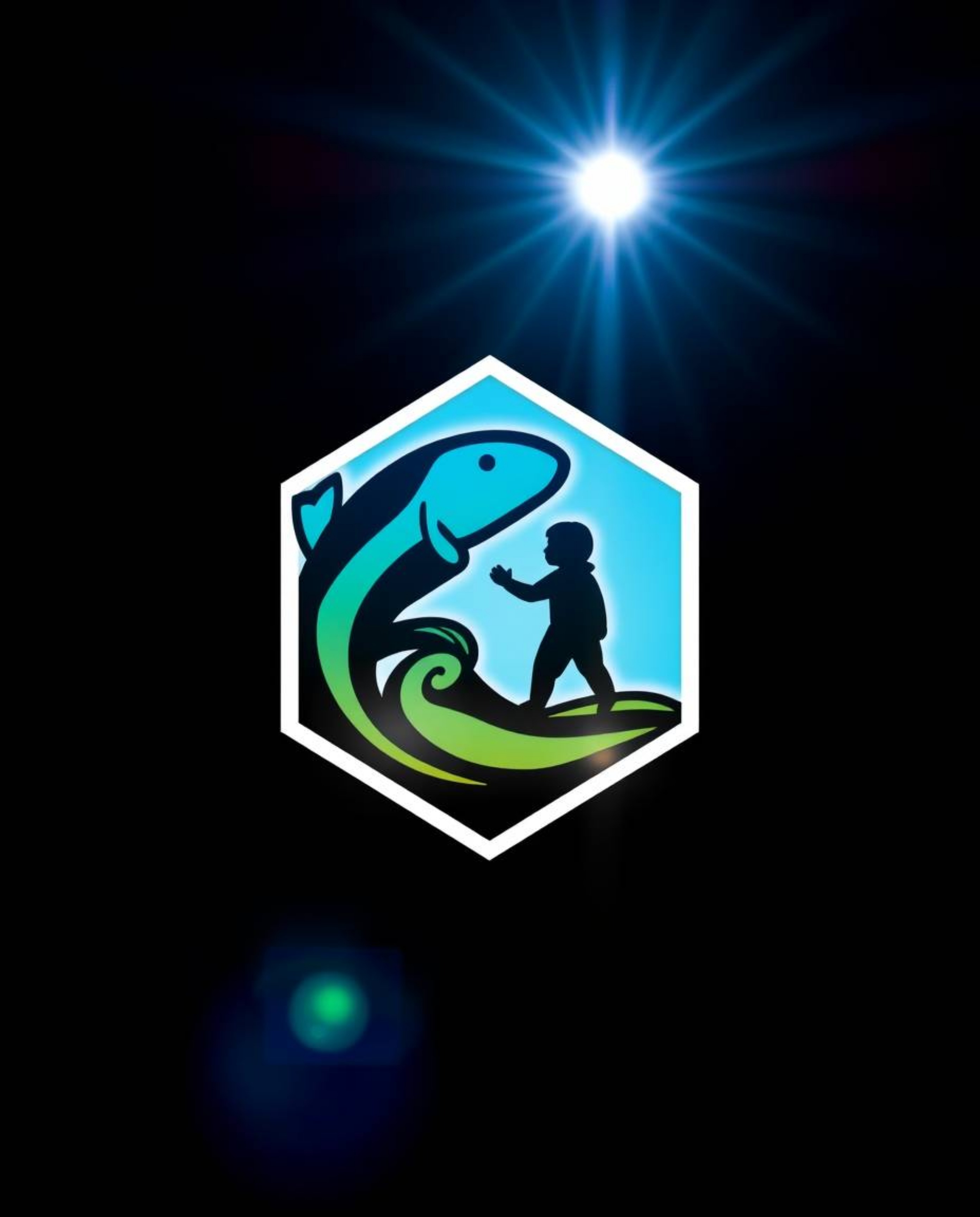 A vibrant and unique logo design features a friendly sea creature and a child, rendered in clean geometric shapes. Symmetric