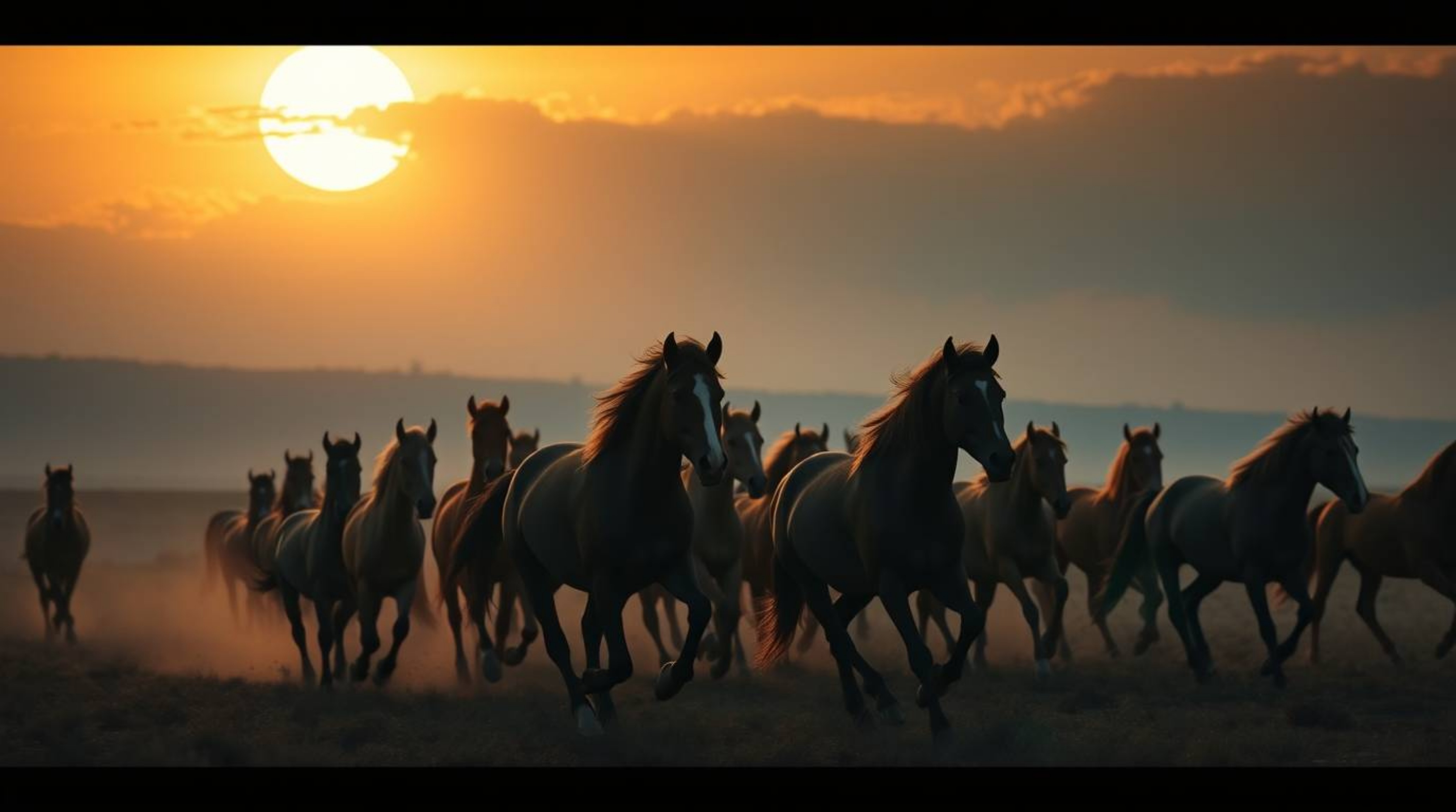 Experience the breathtaking beauty of a herd of wild horses galloping under a radiant, glowing sky in this cinematic-style im