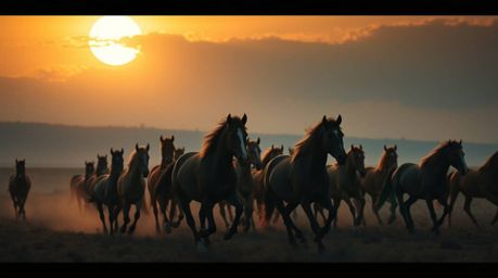 Experience the breathtaking beauty of a herd of wild horses galloping under a radiant, glowing sky in this cinematic-style im
