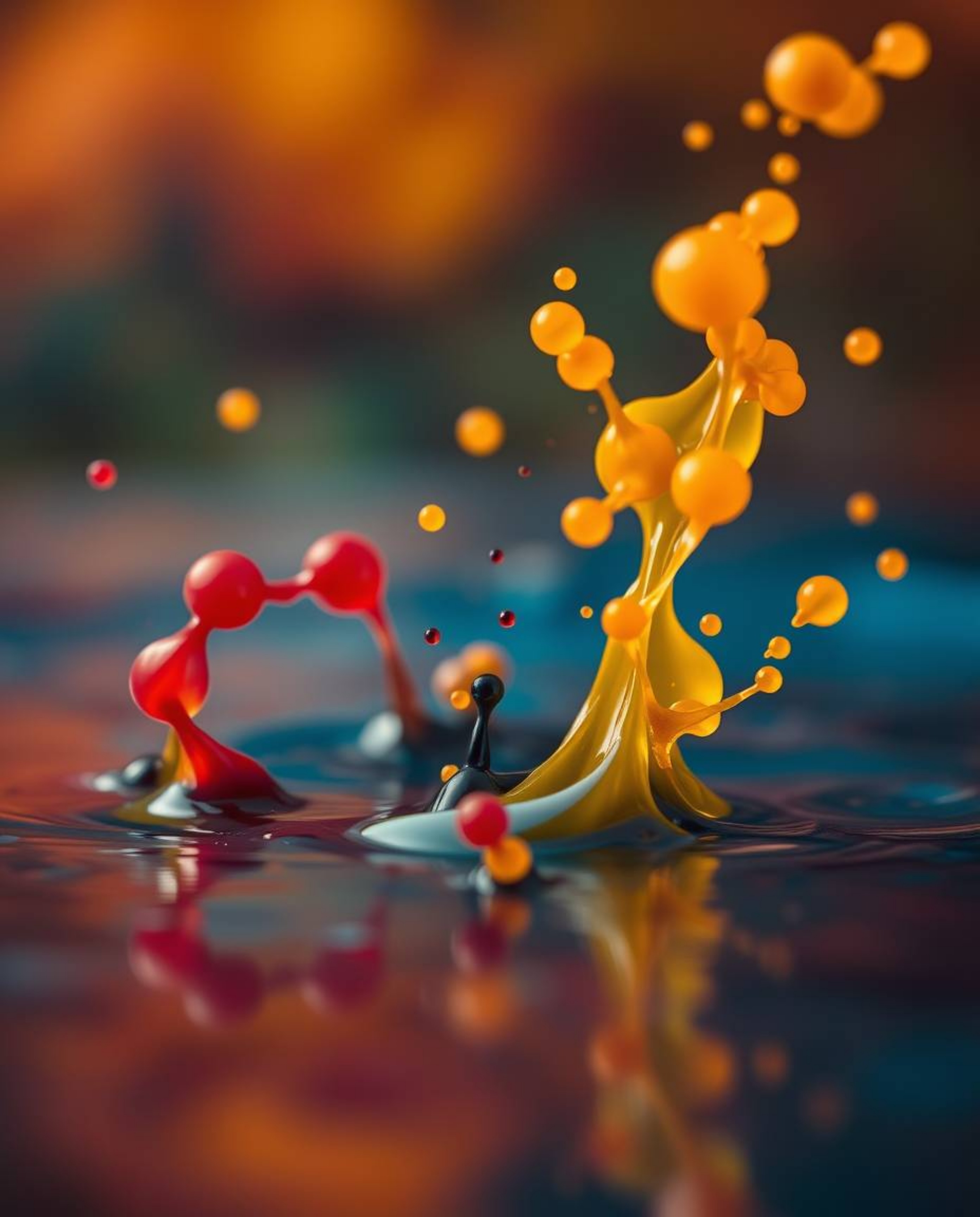 A captivating macro photograph showcases vibrant ink splashes in water, forming mesmerizing autumnal shapes against a strikin
