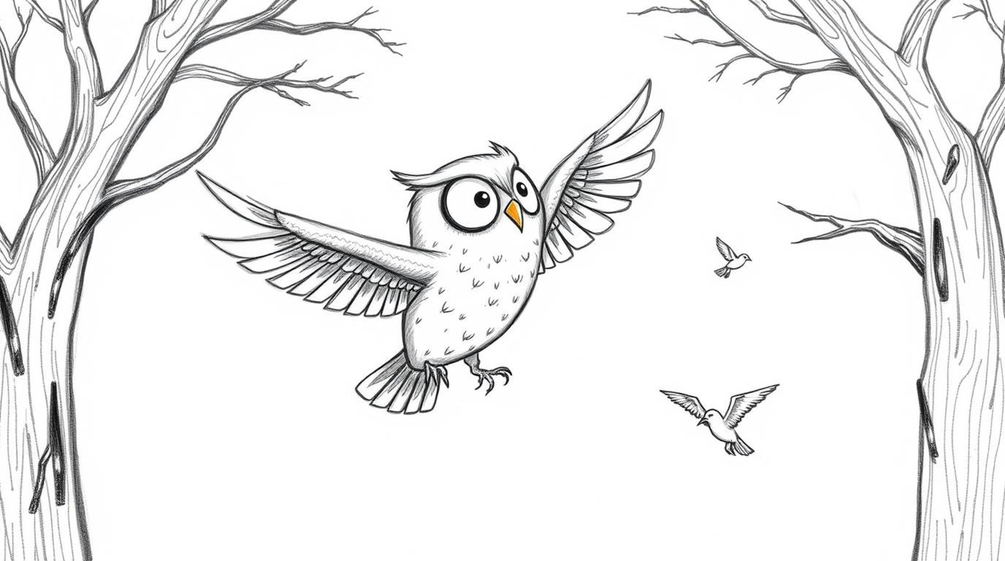 A whimsical hand-drawn sketch in Pixar style portrays a blind owl with gentle features guiding birds in flight. The owl grace