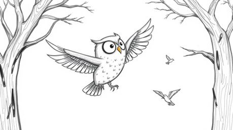A whimsical hand-drawn sketch in Pixar style portrays a blind owl with gentle features guiding birds in flight. The owl grace